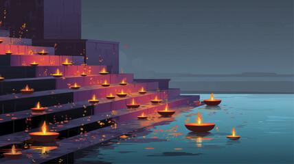 Serene river ghat glowing with floating diyas and flower petals, peaceful night illustration of Kartik Purnima festival devotion.
