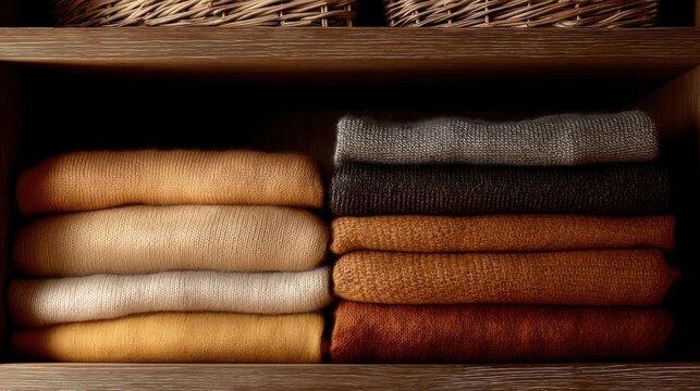 Wooden shelf with a stack of folded clothes neatly arranged on it. the clothes are of different colors and styles, including beige, brown, black, and white.