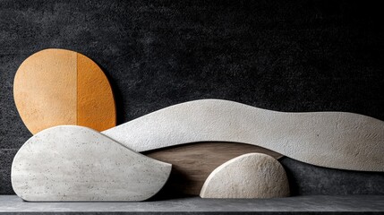 Three abstract sculptures on a black background. the sculptures are made of concrete and are arranged in a way that creates a sense of depth and dimension.