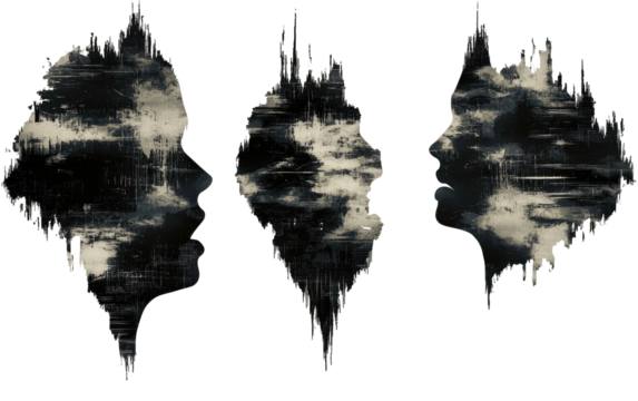 Bleak, dark diamond shapes with cloudy texture and frayed edges on black