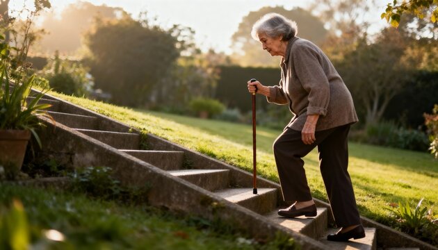 woman using walking cane stairs in soft morning sunlight, gentle hopeful effort on garden steps