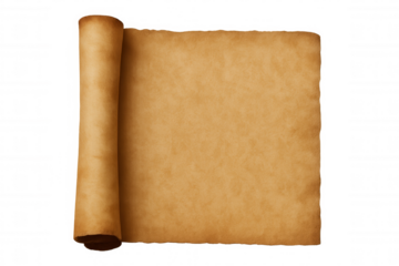 Old paper scroll or weathered parchment with blank space, texture for historical document concept on transparent background
