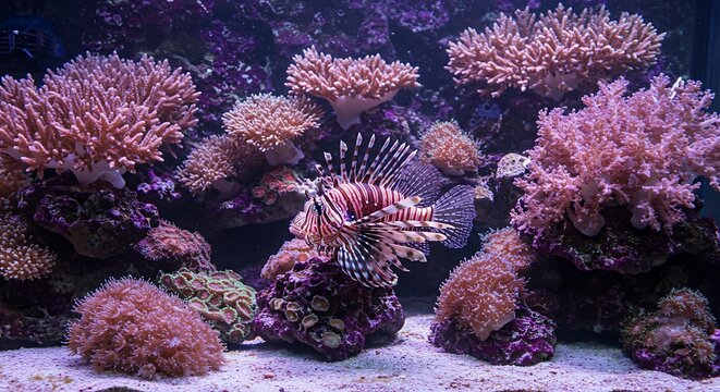 Majestic Lionfish Amidst Vibrant Coral Reef Ecosystem, Underwater Aquarium Scene.