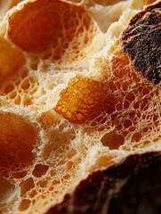 Close-up of a honeycomb. the honeycomb is made up of hexagonal cells, each with a different color - orange, yellow, and brown.