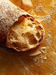 Close-up of a freshly baked loaf of bread. the bread is golden brown in color and has a crumbly texture. it is dusted with a light dusting of powdered sugar, giving it a shiny appearance.