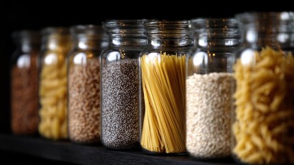 Row of glass jars filled with different types of pasta. the jars are arranged on a black shelf against a dark background.