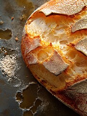 Close-up of a freshly baked loaf of bread. the bread is golden brown in color and has a criss-cross pattern on its surface. the crust is slightly uneven and the bread appears to be soft and fluffy.