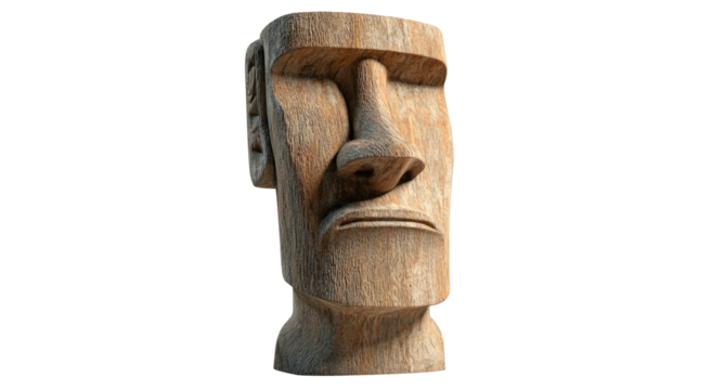 Wood-textured Moai statue with rough carving and serious expression