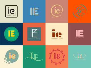 IE logo company template. Letter i and e logotype. Set different classic serif lettering and modern bold text with design elements. Initial font typography.