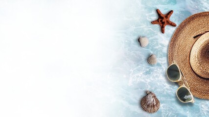 Ocean background along with sea ornaments, starfish, seashells, conch shell, beach hat, and sunglasses for summer background, poster background, and banner design. Beach accessories for sea and marine