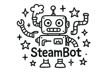 SteamBot Doodle Art. Doodle steam robot with stars, pipes, and sparkles, center word “SteamBot” in black and white isolated