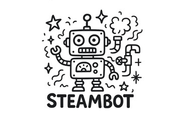 SteamBot Doodle Art. Doodle steam robot with stars, pipes, and sparkles, center word “SteamBot” in black and white isolated