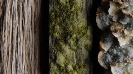Close-up of three different types of fungi. on the left side, there is a vertical photograph of a tree trunk with a rough, textured surface.