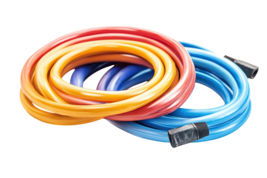 Coiled colorful hoses on a transparent background close up view