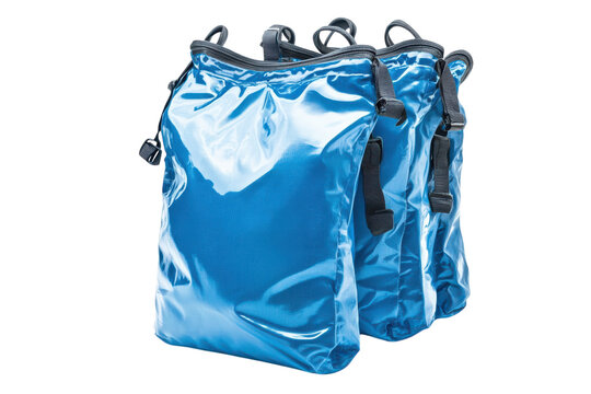 Three blue plastic bags with transparent straps on transparent background
