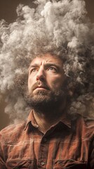 A man with a cloud of smoke encompassing his head. The image depicts an atmospheric effect and introspection. The man is looking up towards the sky