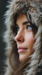 A stunning portrait of a woman, with captivating blue eyes and a fur-lined hood, set against a blurred background. The image captures a sense of serene beauty and introspection
