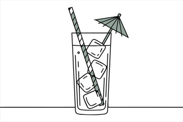 Refreshing drink with umbrella and straw silhouette a white background