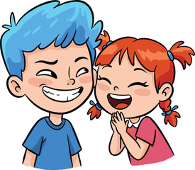 Cartoon children laughing together, joyful kids friendship illustration, playful childhood emotions, happy social interaction artwork, fun expression scene, cheerful bonding concept