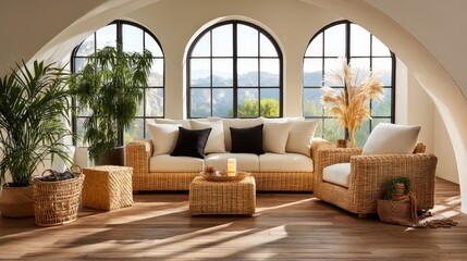 An inviting interior design with elegant furniture, showcasing a comfortable living space with large arched windows and scenic views.