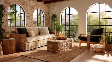 A cozy living room with large arched windows and beautiful decor. A natural and relaxing space with a sofa, armchair, and coffee table