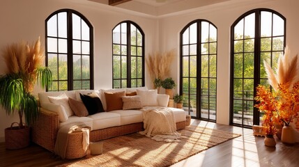 A cozy living room interior design with large windows and sunlight streaming in. The space is decorated with neutral colors, with a comfortable sofa and plants.