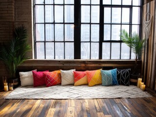 A stylish display of decorative pillows on a rug in front of a large window. The pillows are arranged in a row with a variety of colors and patterns