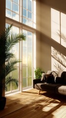 An indoor shot features a large window with sunlight casting shadows across a comfortable living room, enhancing the space's warmth and tranquility.