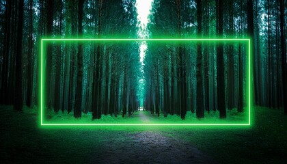 a neon green rectangular frame illuminates a dark forest path on the surrounding trees abstract background