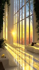 An enchanting room with massive window, bathed in the warm glow of the setting sun