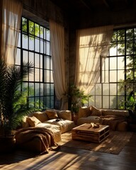 Luxurious living room with a panoramic view, offering an airy and inviting atmosphere with a large window framing a scenic view