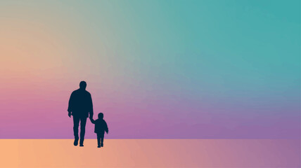 Silhouette of father walking hand in hand with child under colorful sky, symbolic family love and gratitude for International Men’s Day.
