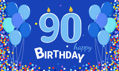 90th birthday. On a blue background, there are light blue numbers, candles, and balloons. Happy Birthday.