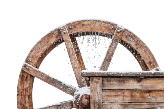 Partial view of a wooden water wheel covered in snow flakes