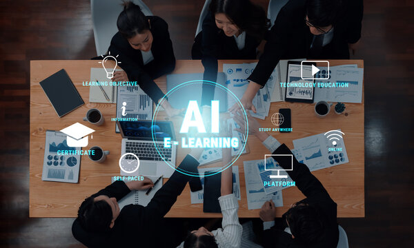 A diverse group collaborates on AI learning strategies in a modern office, showcasing technology in education and innovative e-learning solutions. Trope