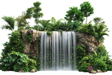 Lush waterfall cascading down a rocky cliff with greenery