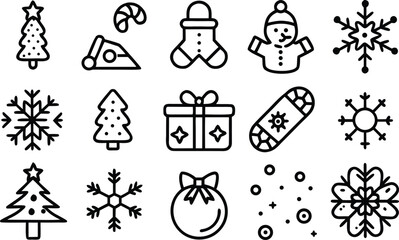 Collection of simple hand drawn outline christmas icons including trees snowflakes gifts and a snowman