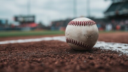 Worn baseball resting just inside the chalk baseline on the dirt infield of a stadium