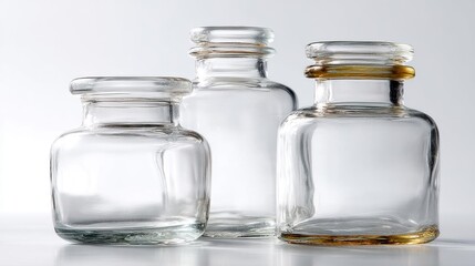 Three small glass jars of different sizes and shapes. the jars are arranged in a row, with the largest jar on the left, the middle jar in the middle, and the smallest jar at the bottom.
