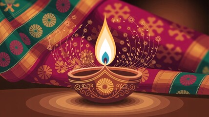 Diwali oil lamp diya with glowing flame, ornate motifs and sparkling swirls on colorful sari textile background; festive Indian celebration illustration