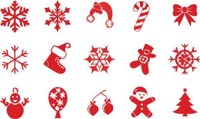 Collection of festive red christmas ornaments and decorations including snowflakes stockings and gingerbread men