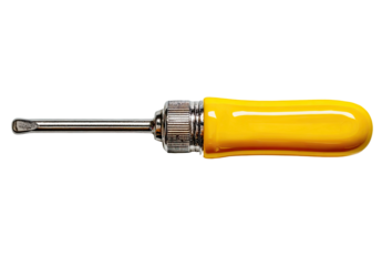 Screwdriver with yellow, plastic handle and metal shaft isolated on black