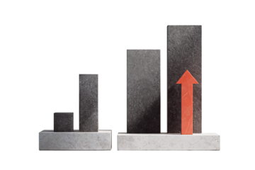 Abstract timeline board featuring graphite bars and an accent coral arrow rising upward, geometric layout with soft dimensional depth, isolated on transparent background
