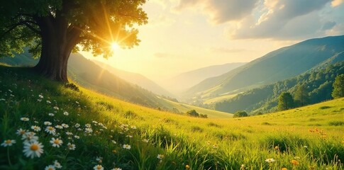 Serene Mountain Landscape Sunlight Bathes Peaceful Valley, Inspiring Hope and Contemplation for Meditation and Mindfulness Practices