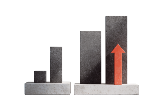 Abstract timeline board featuring graphite bars and an accent coral arrow rising upward, geometric layout with soft dimensional depth, isolated on transparent background