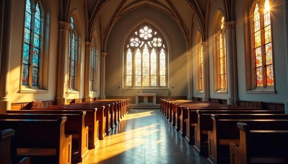 Fototapeta premium Serene Church Interior Sunlight Streaming Through Stained Glass Windows, Inspiring Faith and Quiet Contemplation. Perfect for spiritual, religious, and peaceful themes.