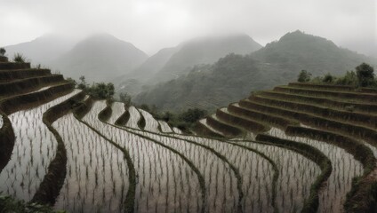 Serene view of terraced fields reflecting overcast sky, with distant misty mountain range