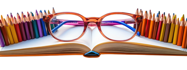 Book and glasses, colorful pencils framing
