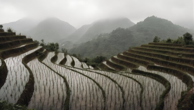 Serene view of terraced fields reflecting overcast sky, with distant misty mountain range - Powered by Adobe