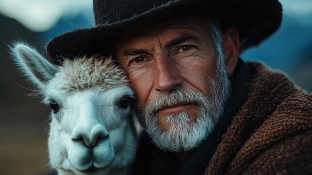 Close-up portrait of an elderly man with a white beard and mustache. he is wearing a black cowboy hat and a brown jacket.
